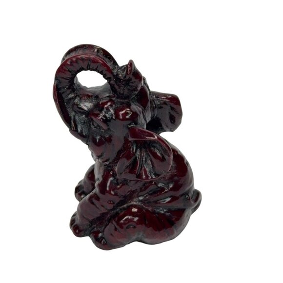 Mini Elephant Figurine Trunk Up Sitting Dark Red Burgundy 2.25" Resin Good Luck - Picture 3 of 16